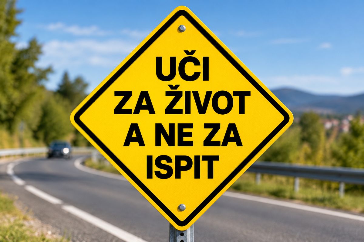 Žuti saobraćajni znak sa natpisom: uči za život, a ne za ispit
